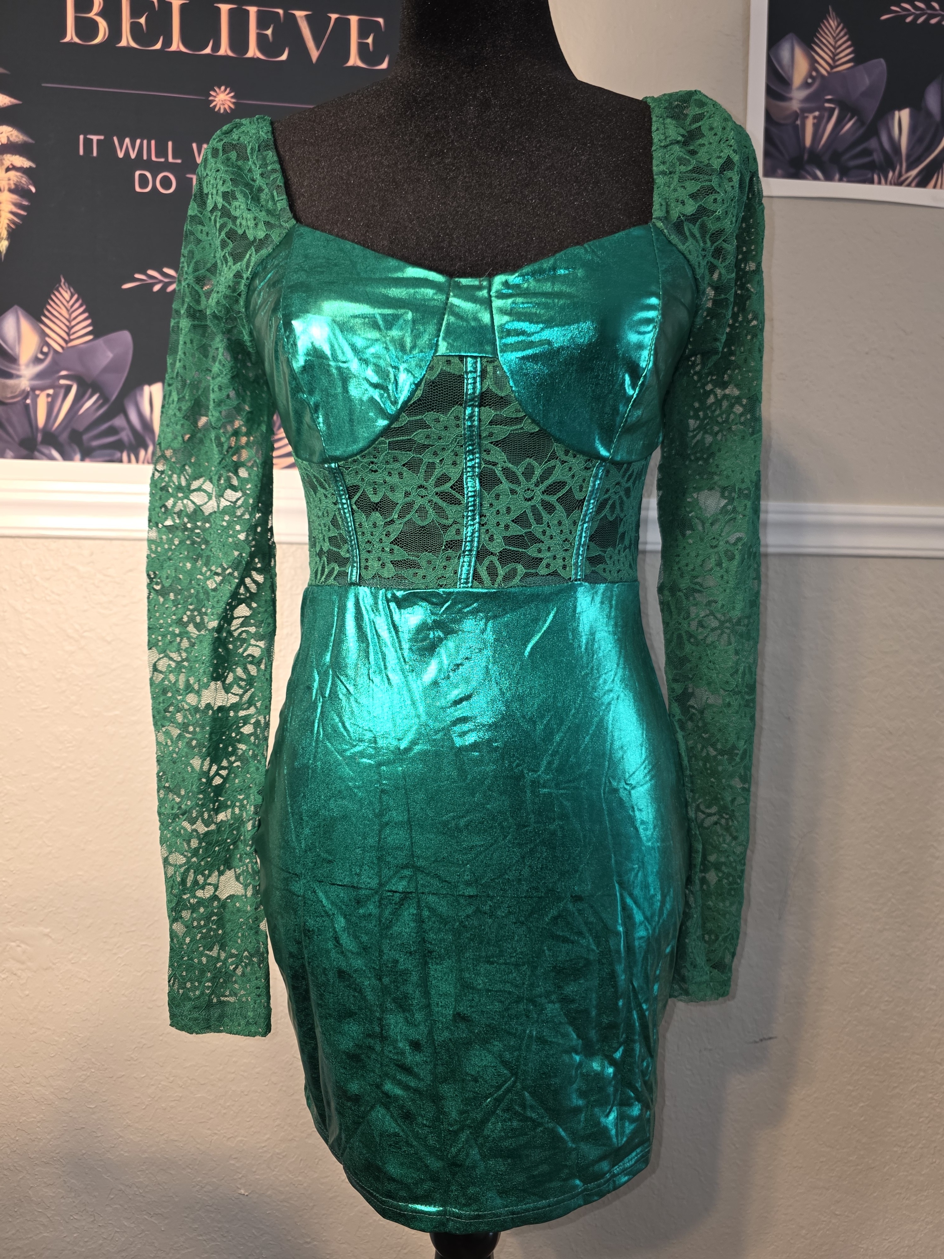 Shein Metallic Emerald Green Lace Long Sleeve Bodycon Dress